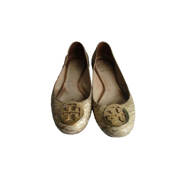 Tory Burch Gold Metallic Flats Reptile Print Logo Medallion - Picture 3 of 7